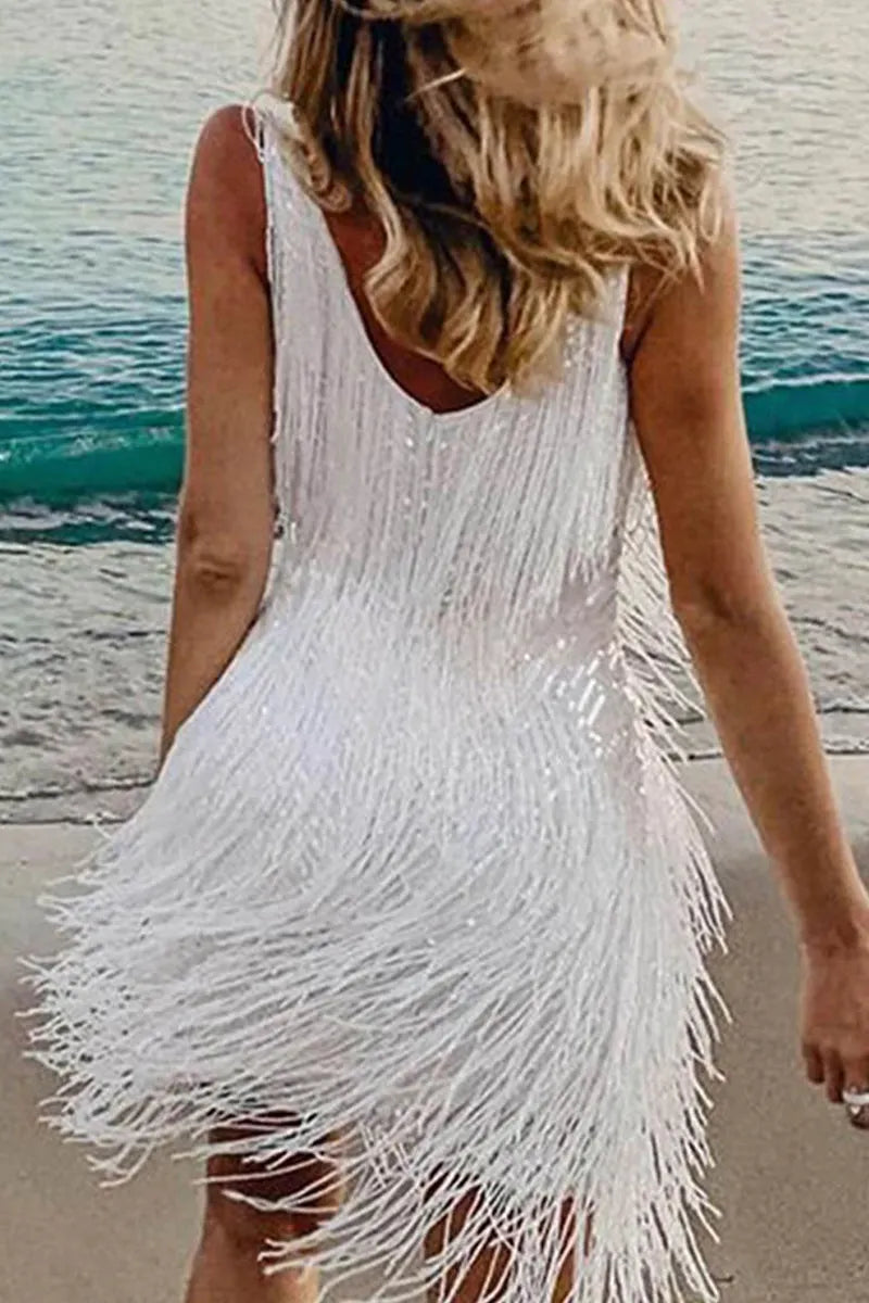 Sexy Party Solid Tassel V Neck Vest Dress Dresses