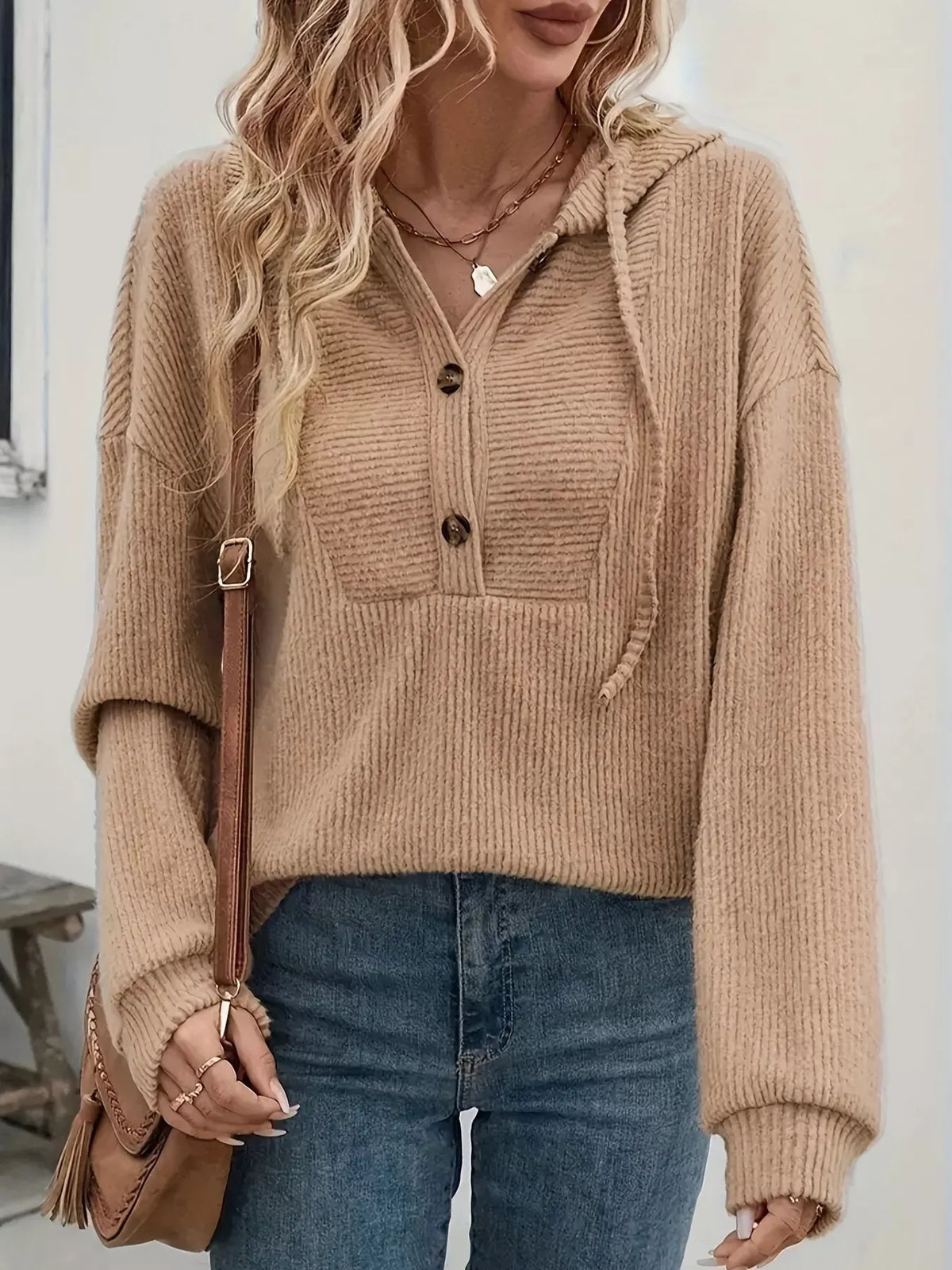 Button-Front Drawstring Hoodie