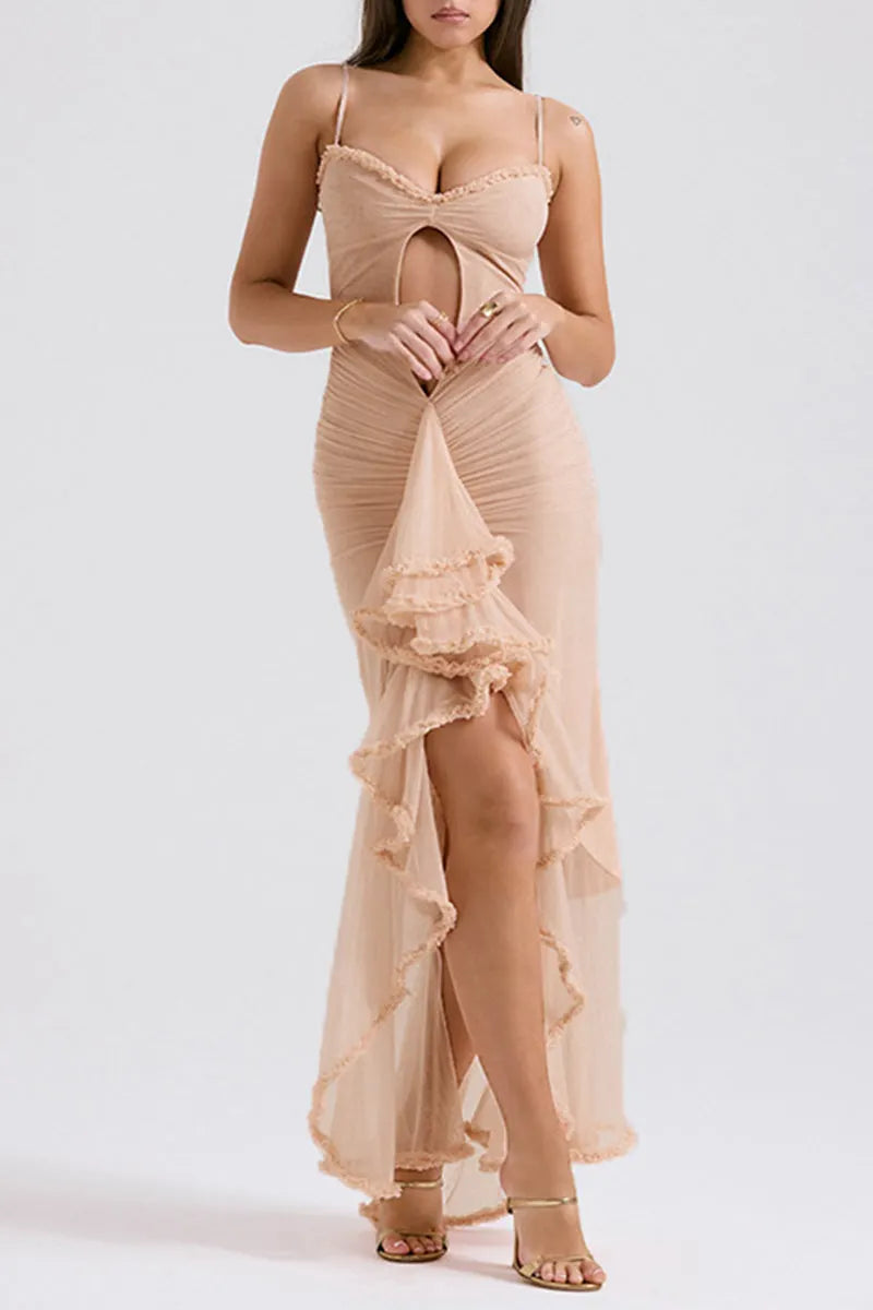 Sexy Solid Hollowed Out Flounce Mesh Strapless Irregular Dresses
