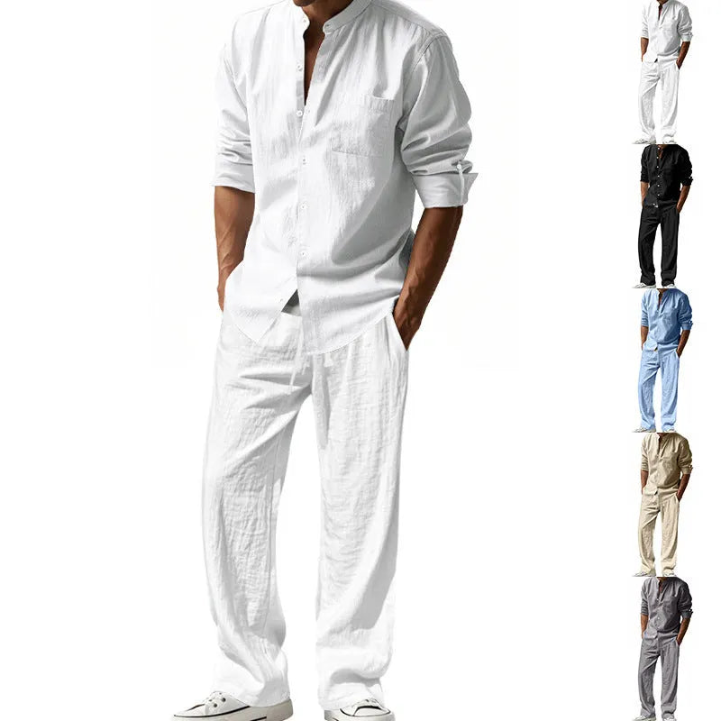 Herren entspannendes Leinen-Outfit im lässigen Design mit durchgehender Knopfleiste und praktischen Taschen
