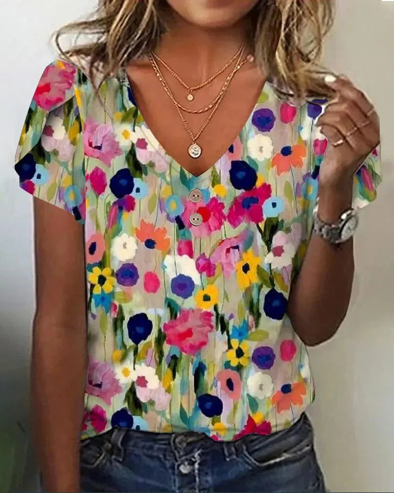 KurzÃ¤rmlige Farbenfrohe Blumenbluse mit V-Ausschnitt