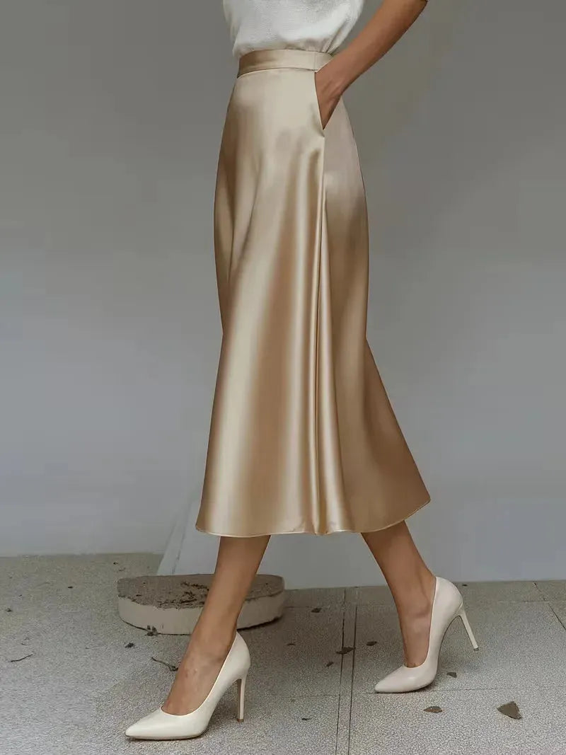 Satin Skirt for Women with High Waist and Midi Length