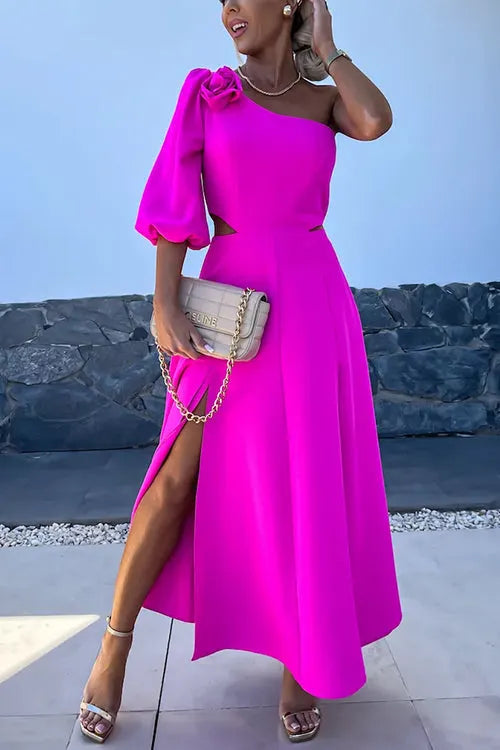3D Rose One Shoulder Cut Out Waist Slit Midi Satin Dress