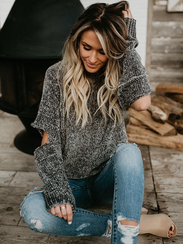 Knit Round Neck Hole Long Sleeve Winter Sweater Tops