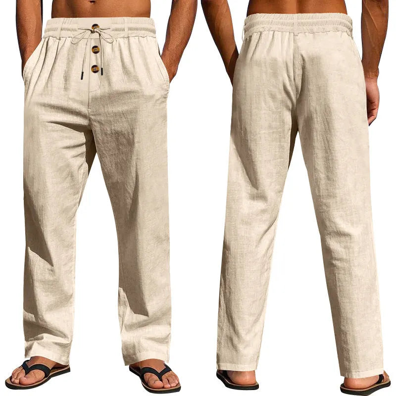 Herren Bequeme Leinenhose mit elastischem Bund und Knopfdetails