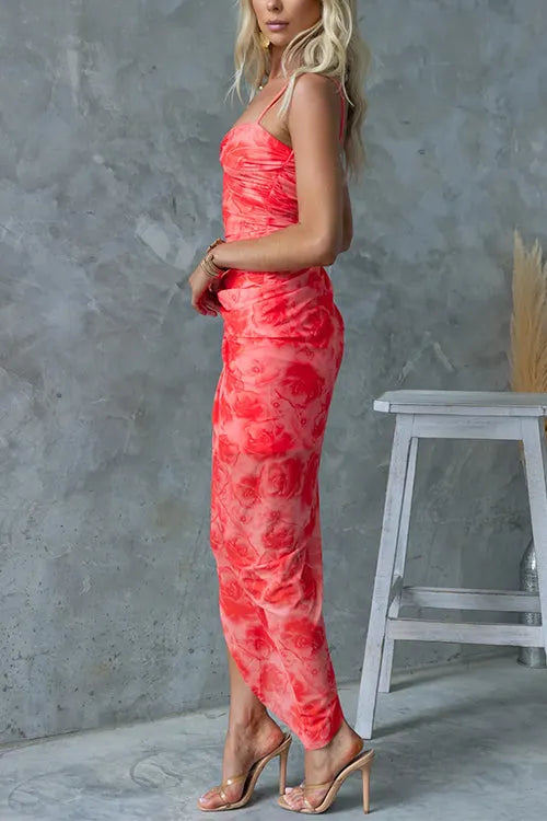 Twist Front Side Slit Mesh Overlay Printed Maxi Cami Dress