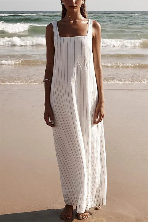 Square Collar Striped Maxi Cami Beach Dress