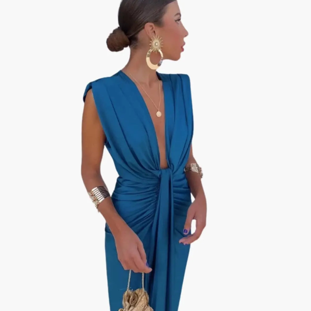 Women's Dress with Ruched Design and V-Neckline