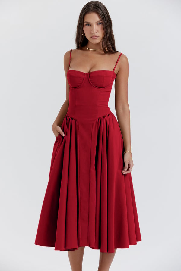 Midi-Kleid mit Spaghettiträgern & plissiertem Rock