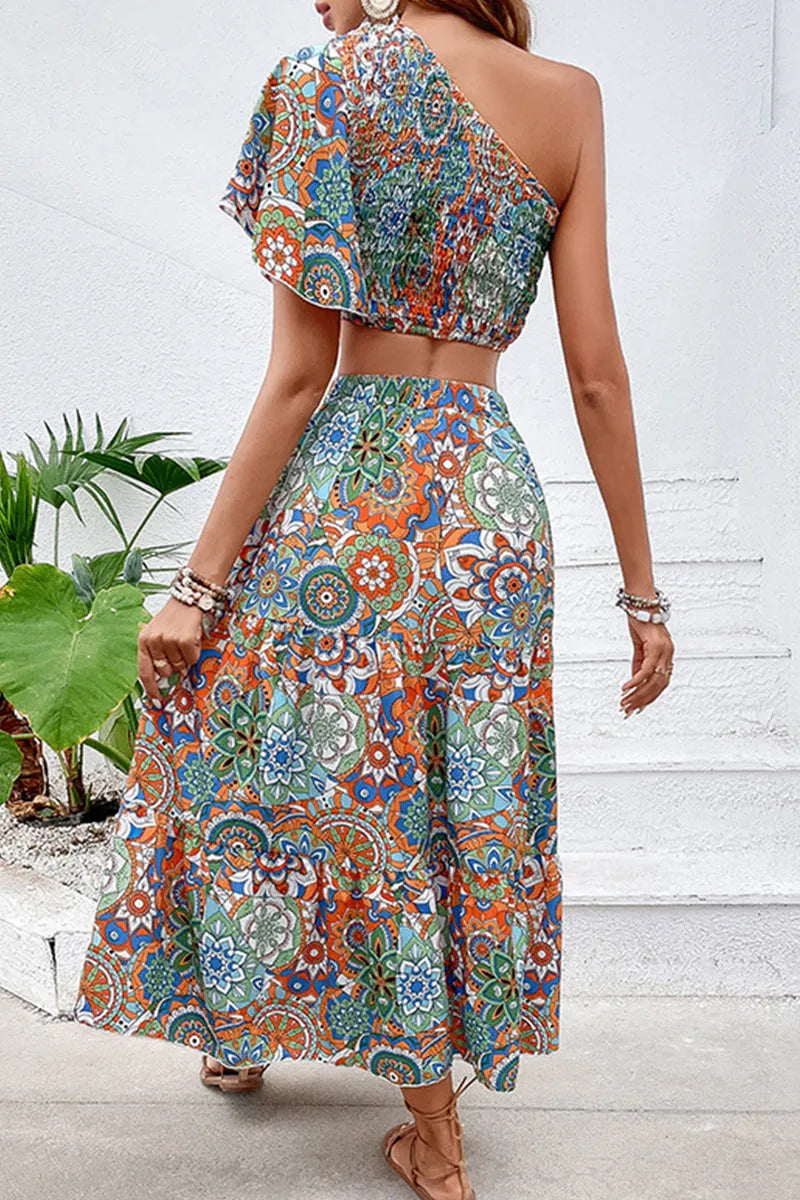 Casual Vintage Geometric Print Patchwork Oblique Collar Short Sleeve Two Pieces