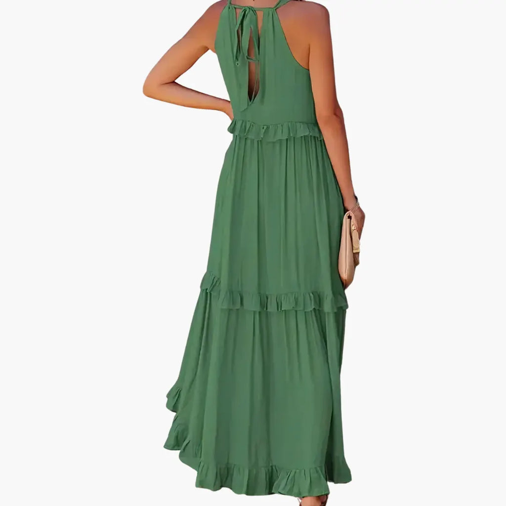 Womenâs Maxi Dress with Cascading Ruffle Tiers and Adjustable Straps