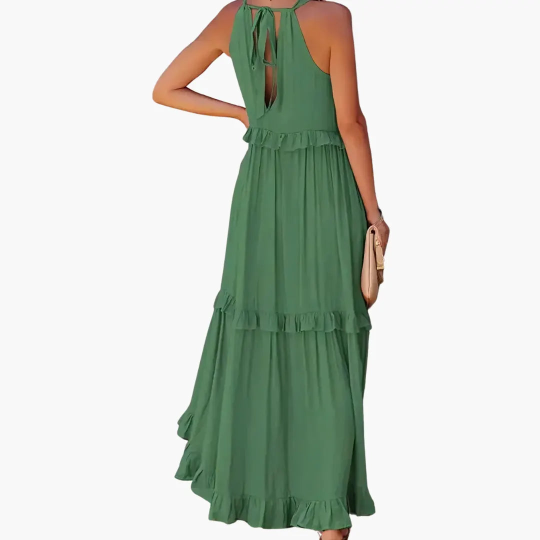 Womenâs Maxi Dress with Cascading Ruffle Tiers and Adjustable Straps