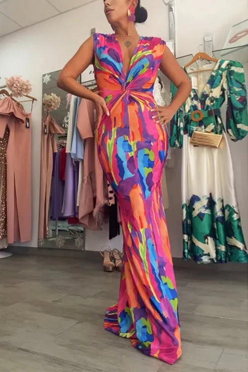 V Neck Twist Front Backeless Printed Maxi Bodycon Dress