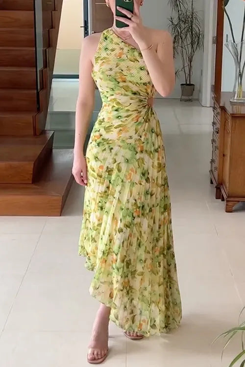 Printed One Shoulder Cut Out Waist Pleated Irregular Dress