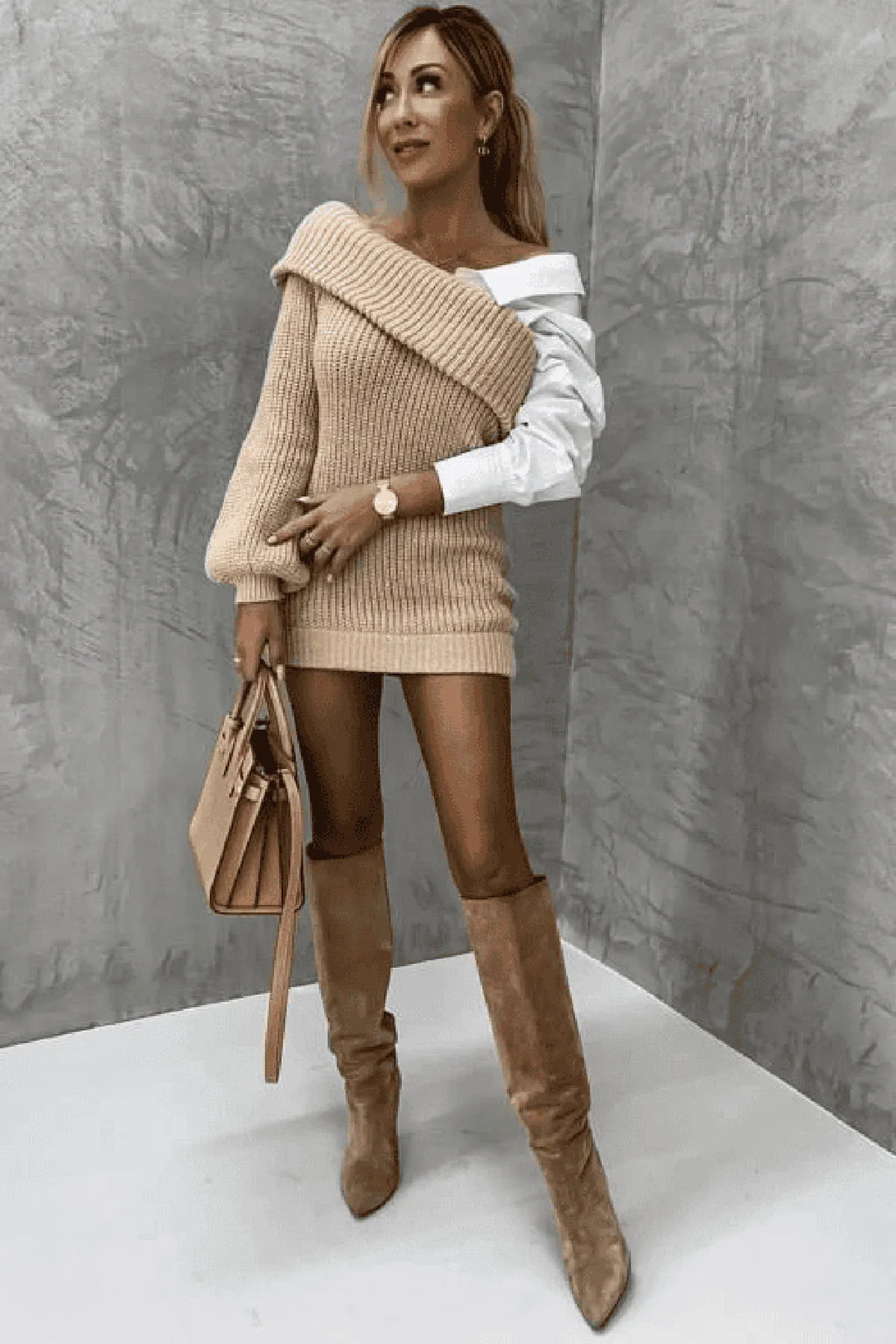 Gebreide Dames Jurk met Blouse -Detail â€“ Trendy, Warm & Origineel