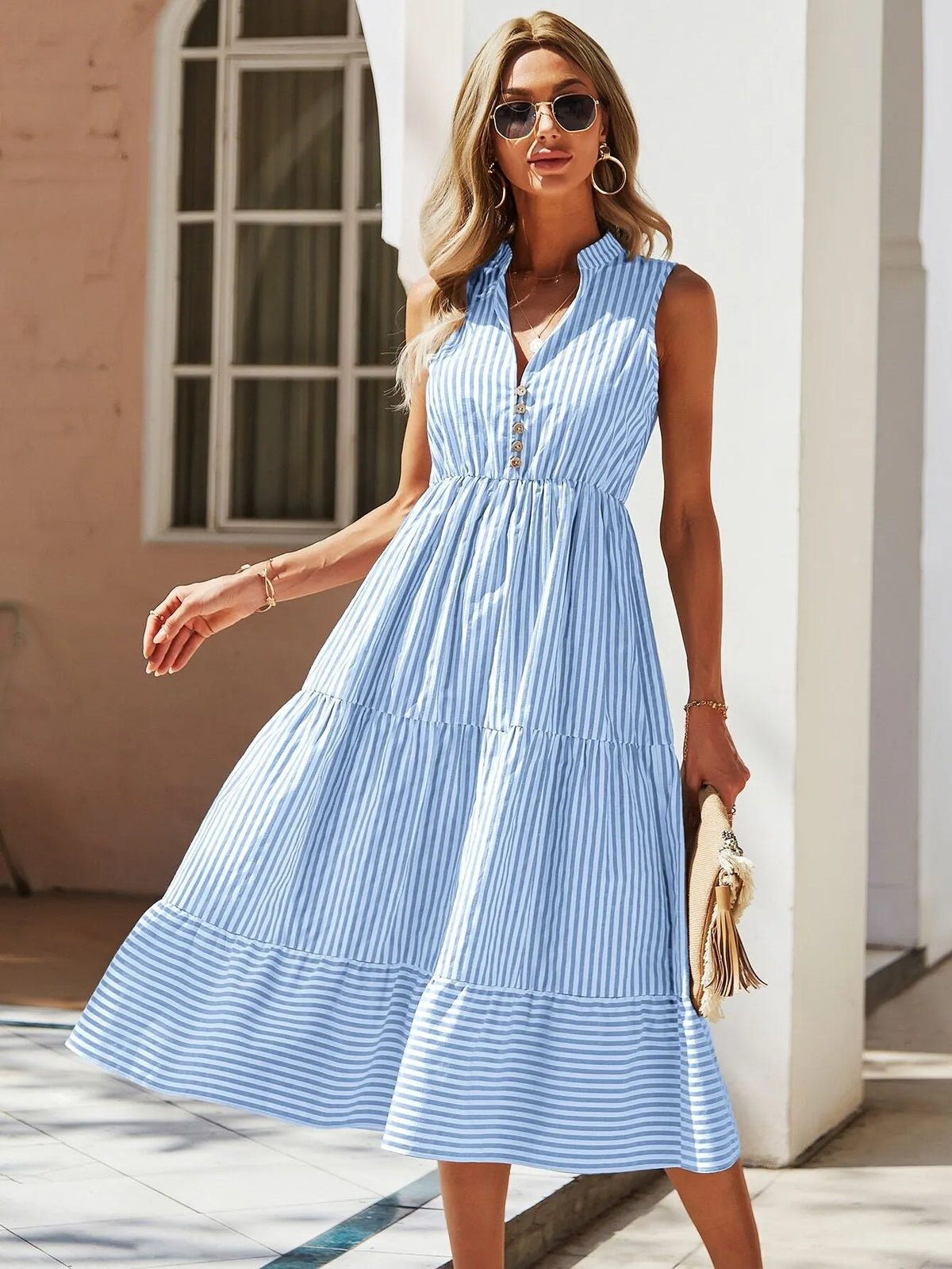 Vestido Midi Listrado Azul Roberta