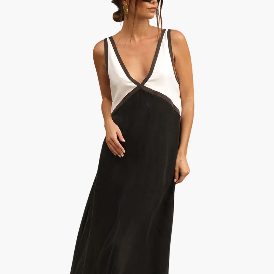 Womenâ€™s Maxi Dress with V-Neck and Colour-Block Design