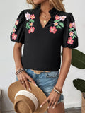 Floral Puff Sleeve Notched Blouse