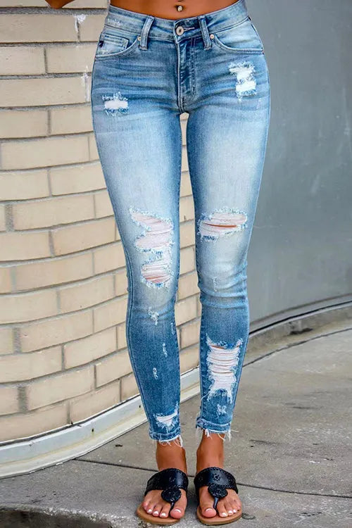 Raw Hem Ripped Stretch Pencil Jeans