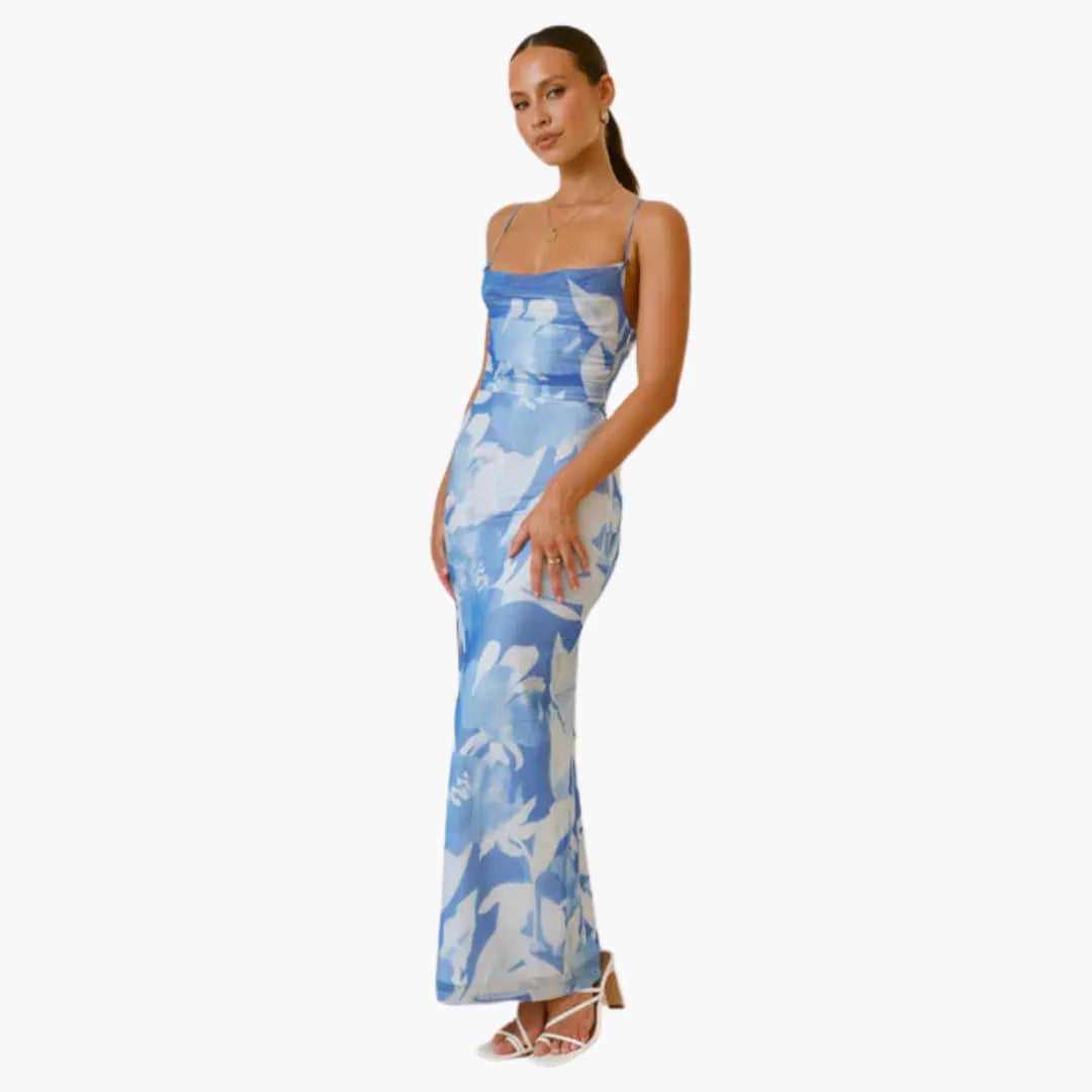 Womenâ€™s maxi dress with cowl neckline and lace-up back