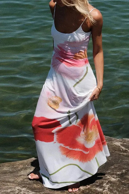 Spaghetti Strap Backless Floral Print Maxi Vacation Dress
