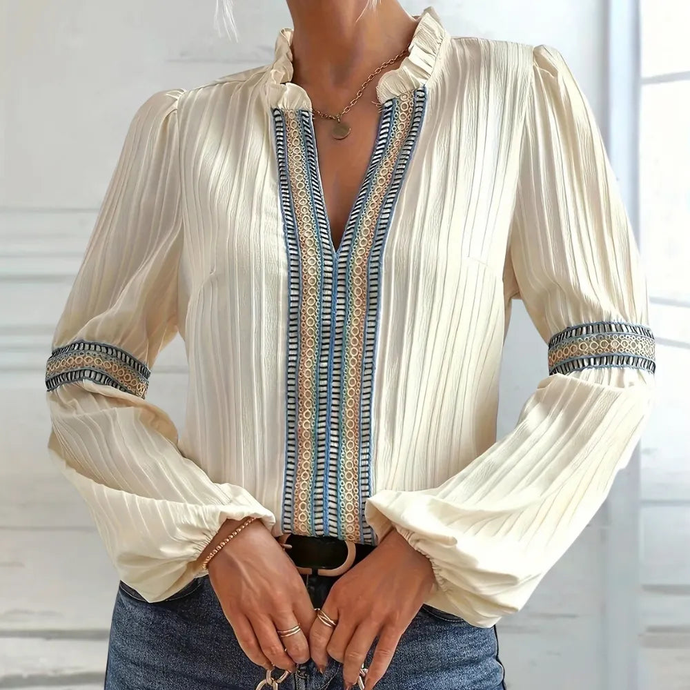Elegant Beige Women's Bohemian Blouse with Long Sleeves