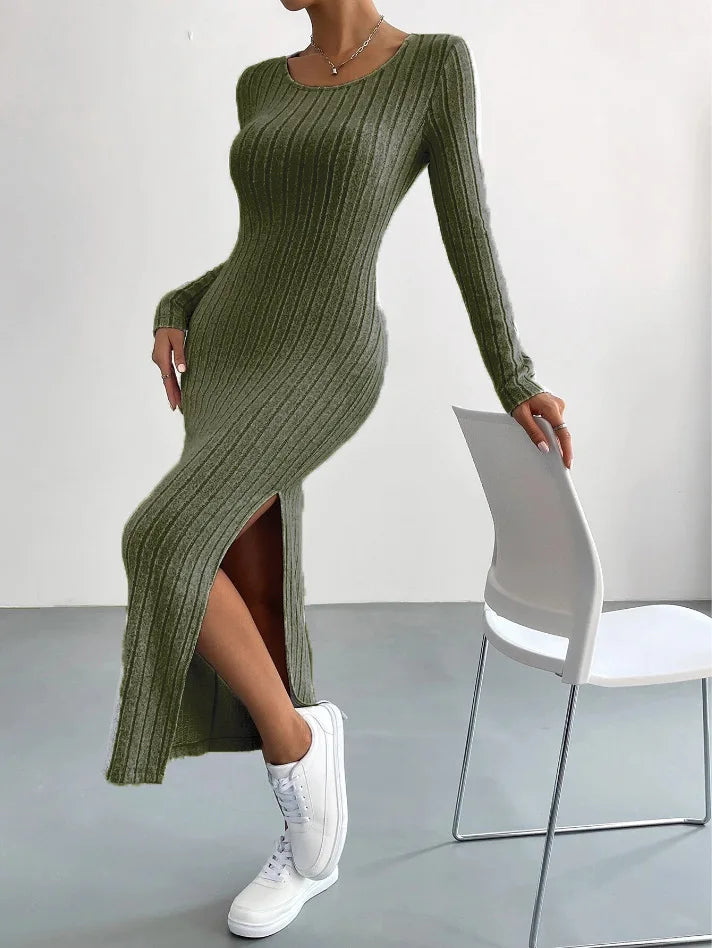 MAREN | Winter Gebreide Midi-Jurk Met Lange Mouwen & Zijsplit – Warm, Stijlvol & Flatterend