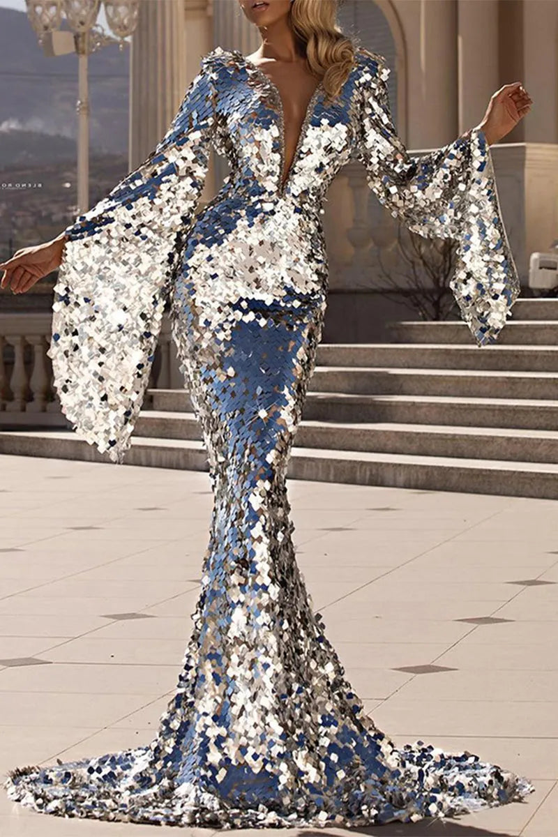 Sexy Formal Solid Patchwork V Neck Wrapped Skirt Dresses