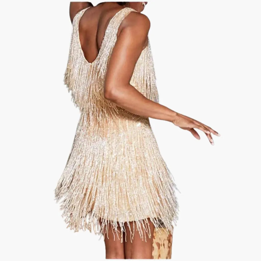 Womenâ€™s mini dress with spaghetti straps and fringe detailing