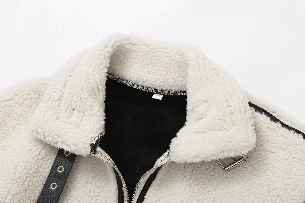 ELIN | Wollen Teddy Jas Voor Dames Met Leren Details â€“ Warm, Stoer & Ideaal Voor Koude Dagen