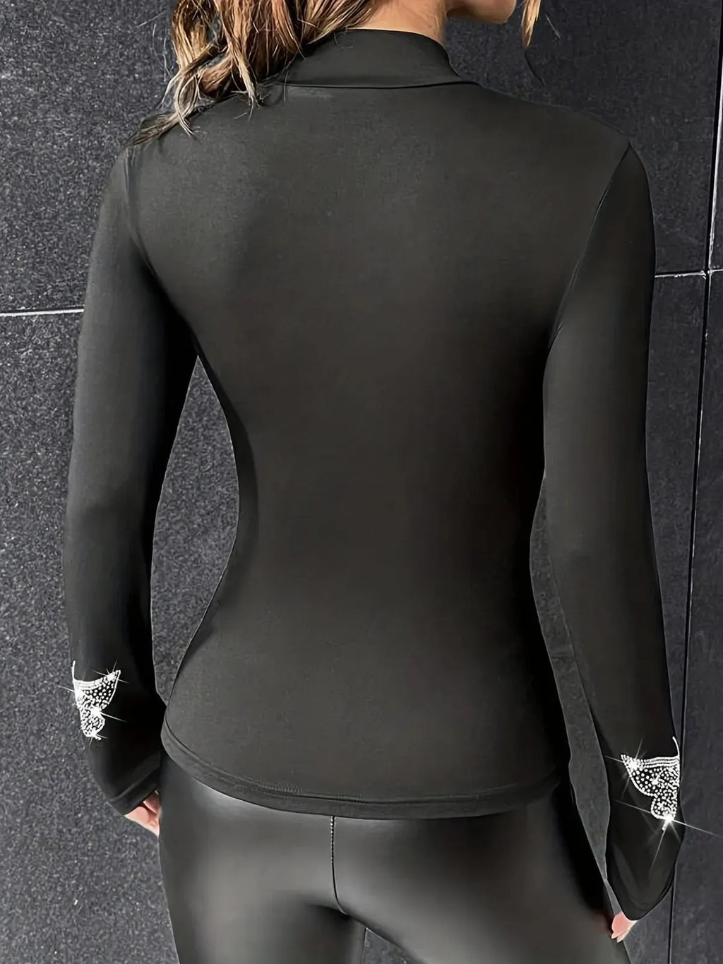 Long-sleeved tight-fitting top with rhinestone butterfly print