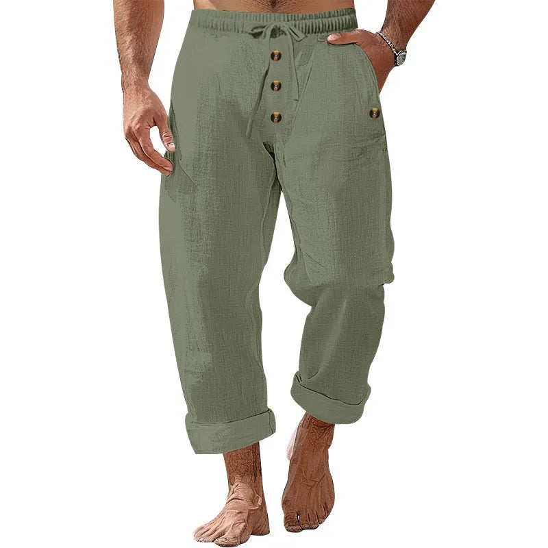 Herren nan lockere Leinen-Baumwoll-Hose mit elastischem Bund, Kordelzug und aufgekrempeltem Saum
