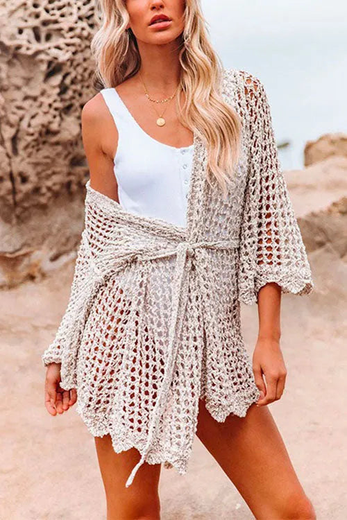 Long Sleeve Hollow Out Tie Waist Beach Dress