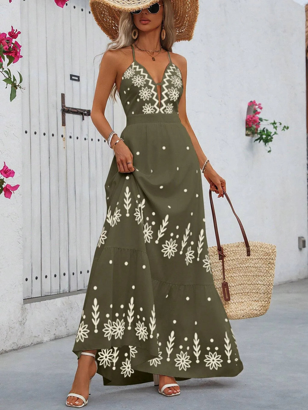 Vestido Longo Verde Militar Estampa Flores