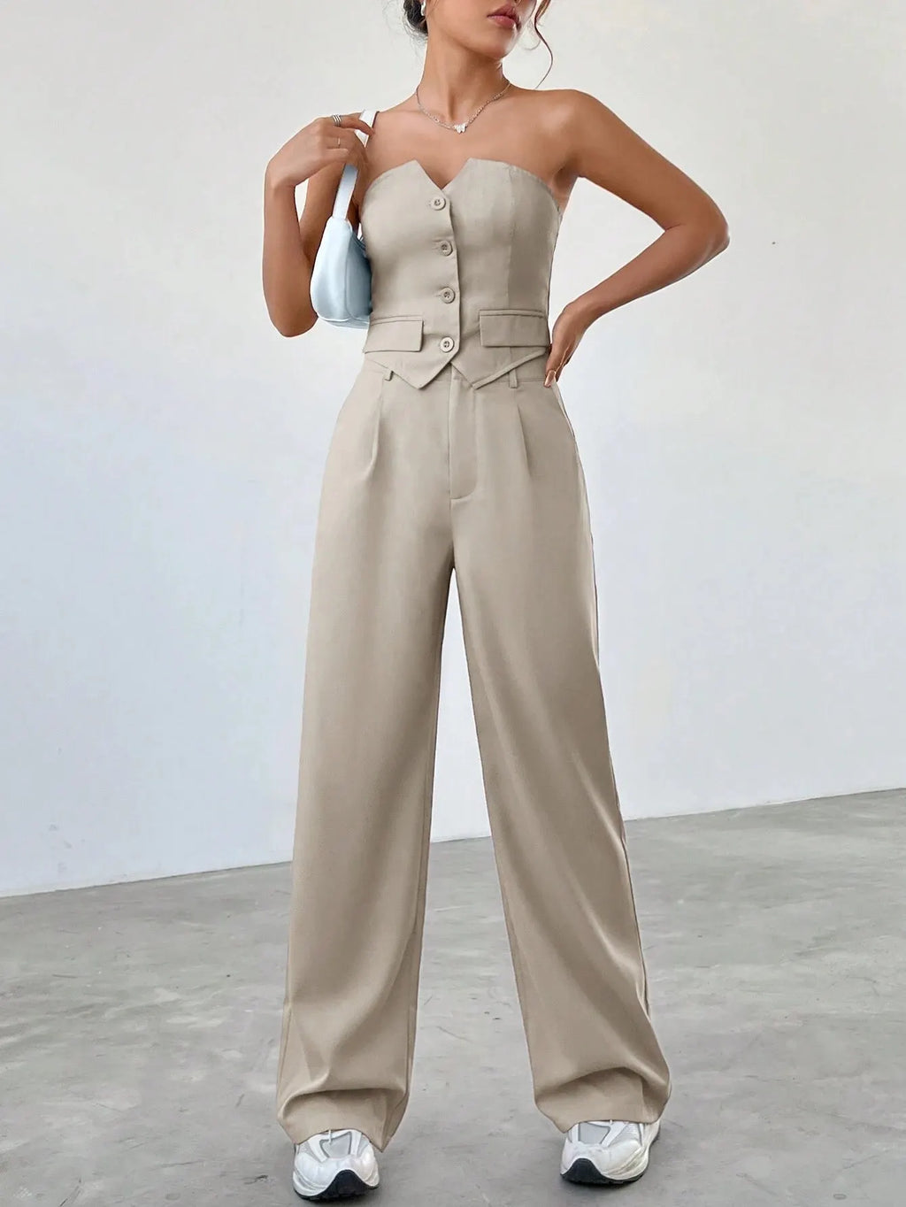 Conjunto Feminino CalÃ§a e Cropped Bege JÃºlia