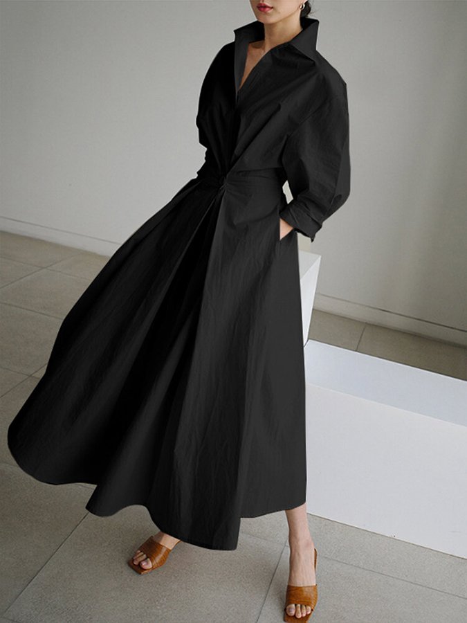 Women's Solid Pocket Button Lapel Long Sleeve Maxi Shirt Casual Dress