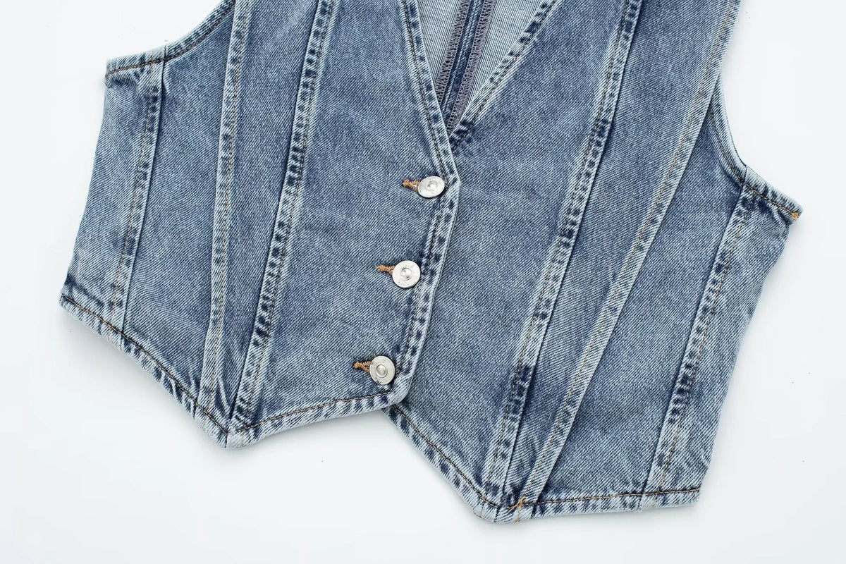 Taillierte Denim Weste mit V-Ausschnitt