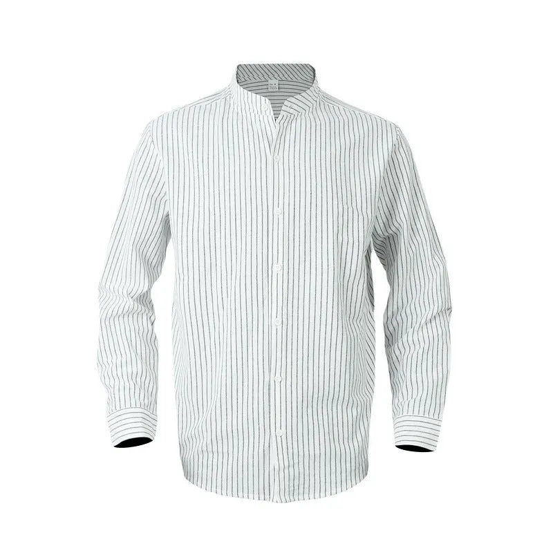 Herren nan gestreiftes Stehkragen-Hemd aus Leinen-Baumwollmix mit durchgehender Knopfleiste