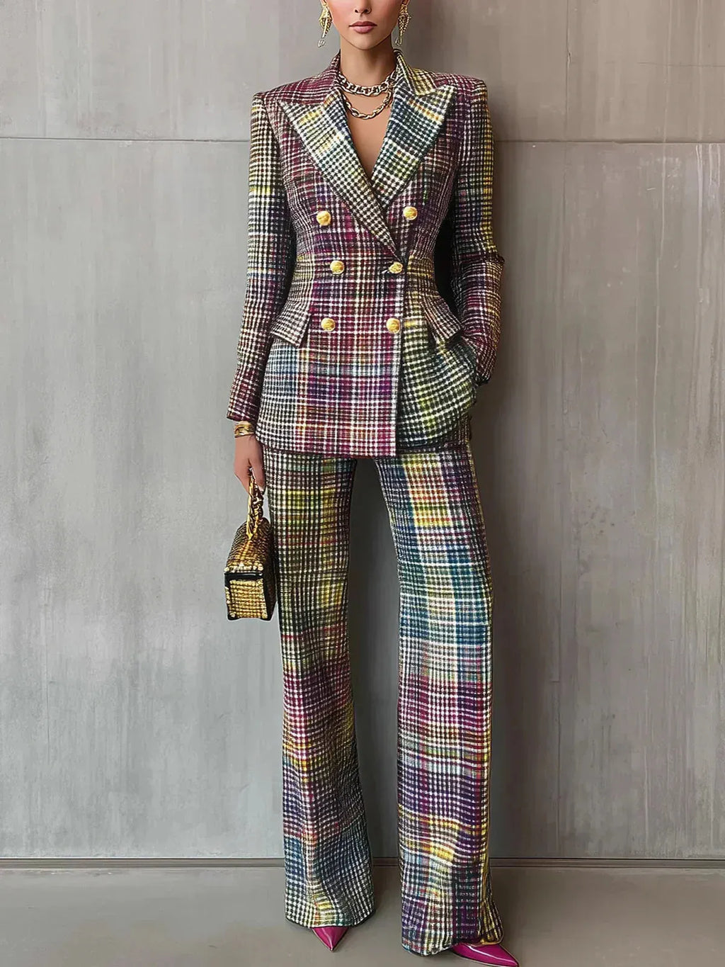 Women's Checked Suit Set Blazer and Wide Pants