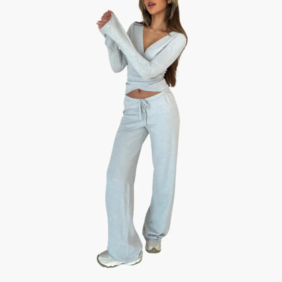 Womenâ€™s two-piece set with wrap top and trousers