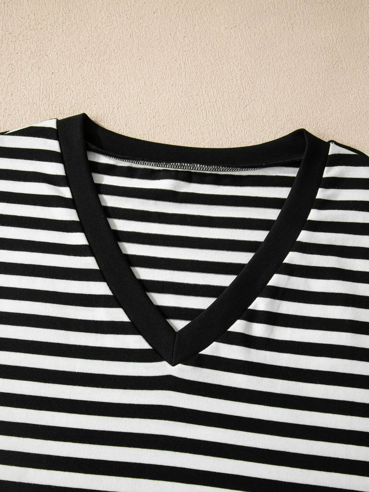 Striped V-Neck Scalloped Short Sleeve T-Shirt
