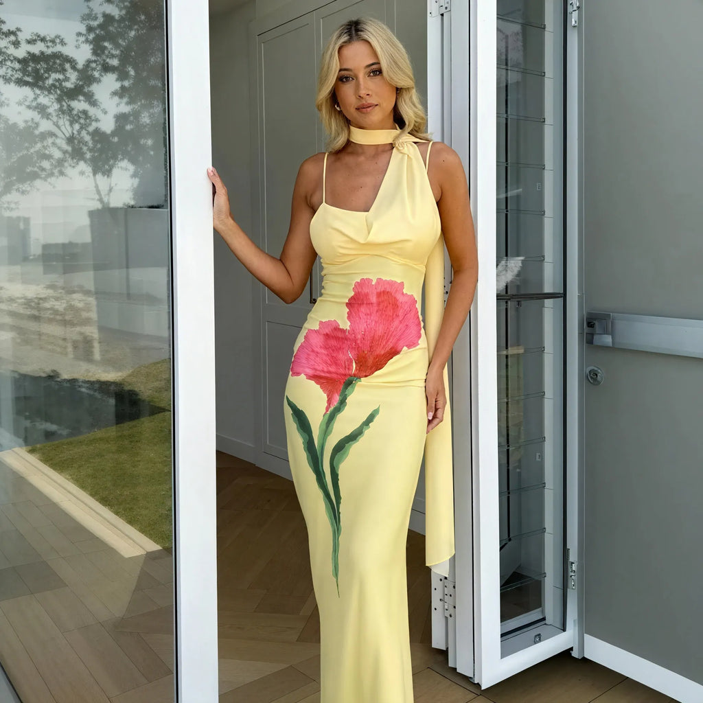 Gelbes Blumen Maxi-Kleid – Neckholder-Design