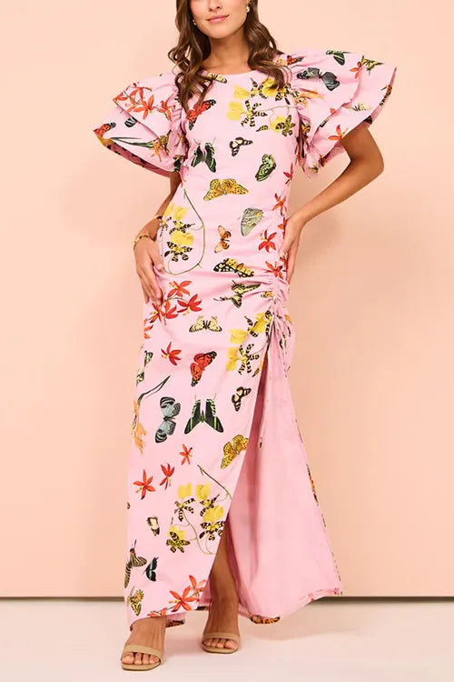 Flounce Sleeves Drawstring Slit Printed Maxi Dress