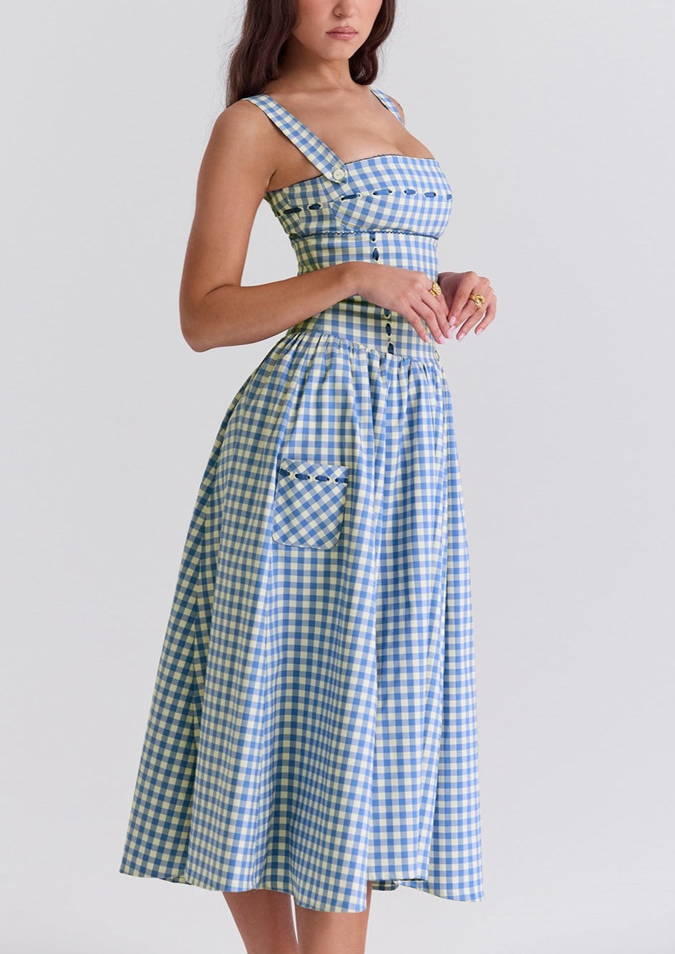 Gingham Kleid – Eckiger Ausschnitt, Knopfdetails