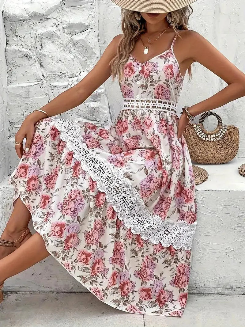 Geblümtes Midi-Kleid mit Spitze