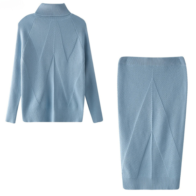Elegant Knitted Women's Set with Turtleneck and Midi Skirt