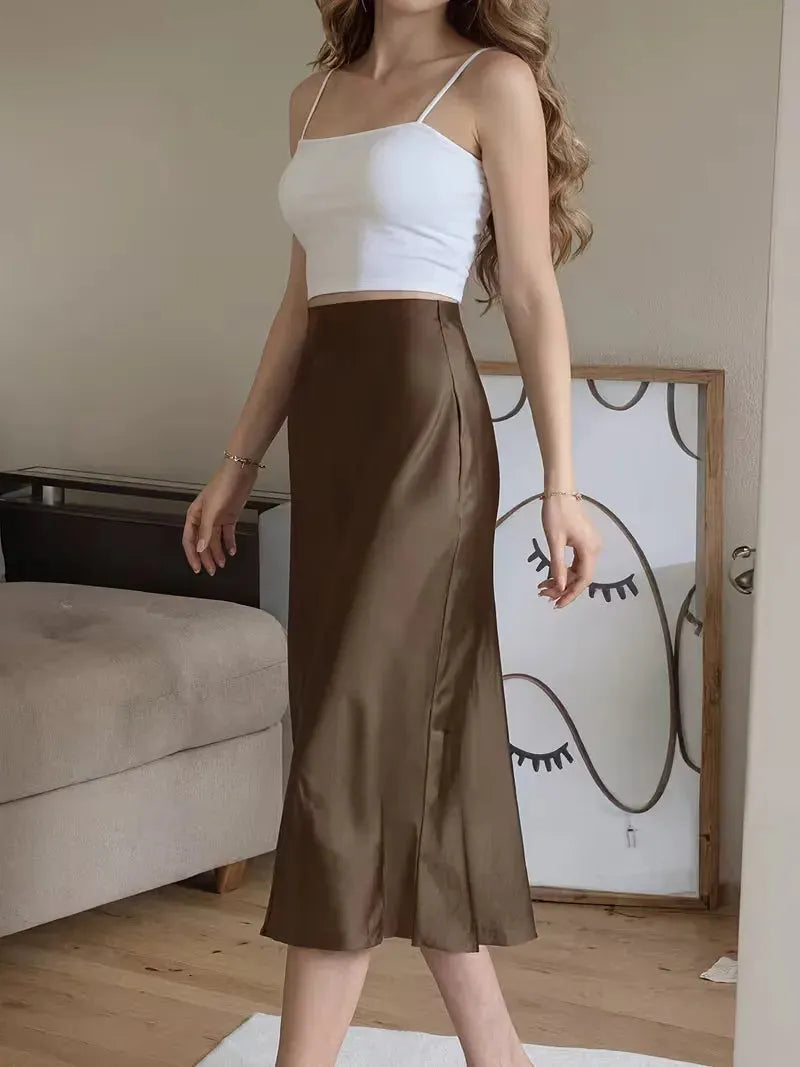 Satin Skirt for Women with High Split and Knot Details