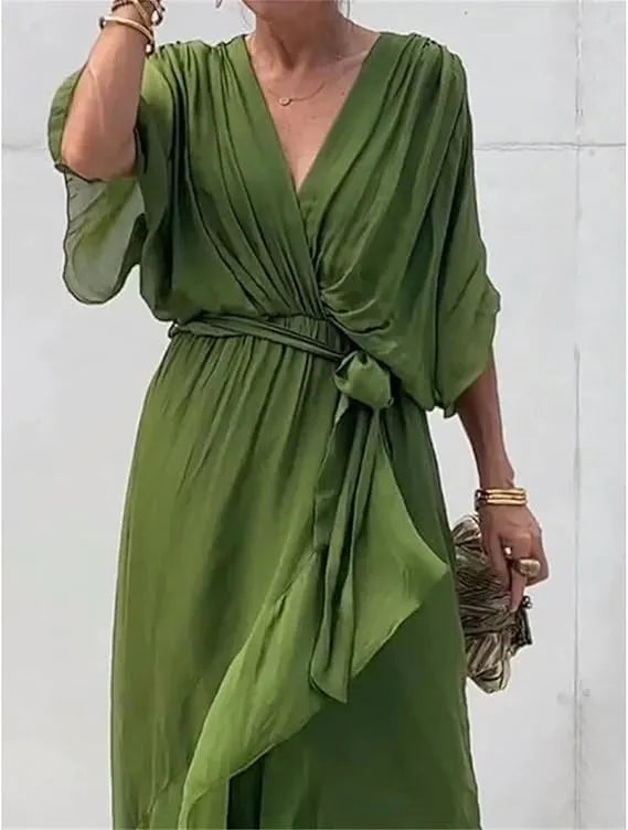 Damen-Chiffonkleid mit V-Ausschnitt, BindegÃ¼rtel und asymmetrischem Saum