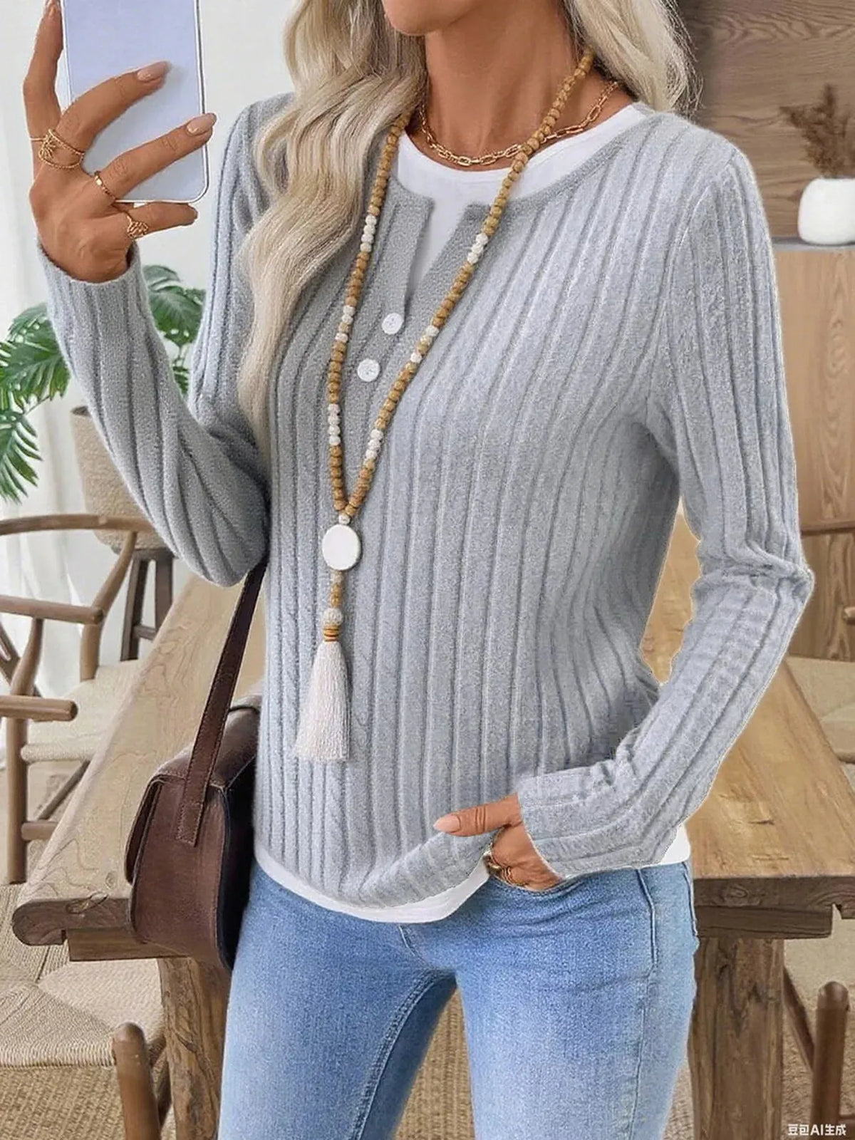 Ribbed Knit Button Detail Contrast Sweater