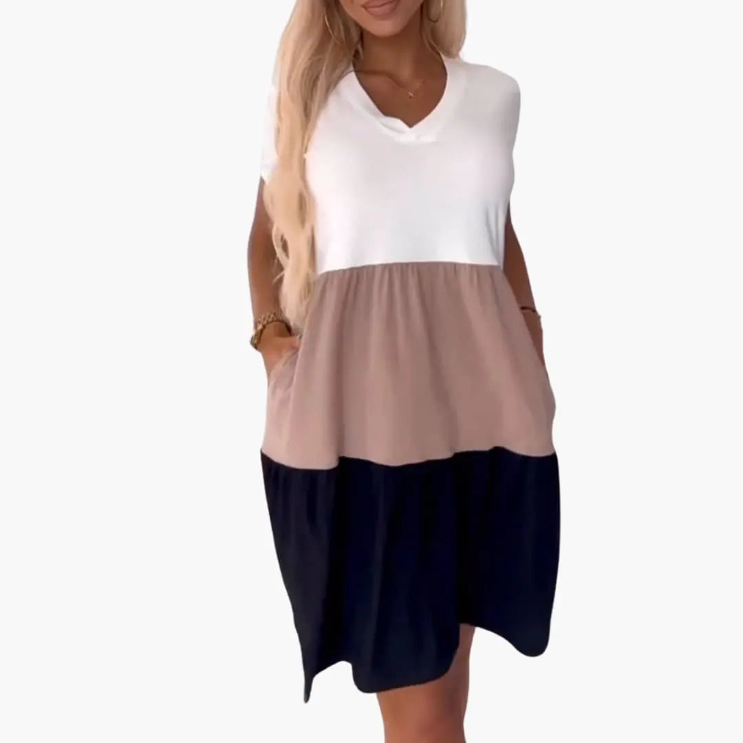 Womenâ€™s Dress with Short Sleeves and Colourblock Pattern